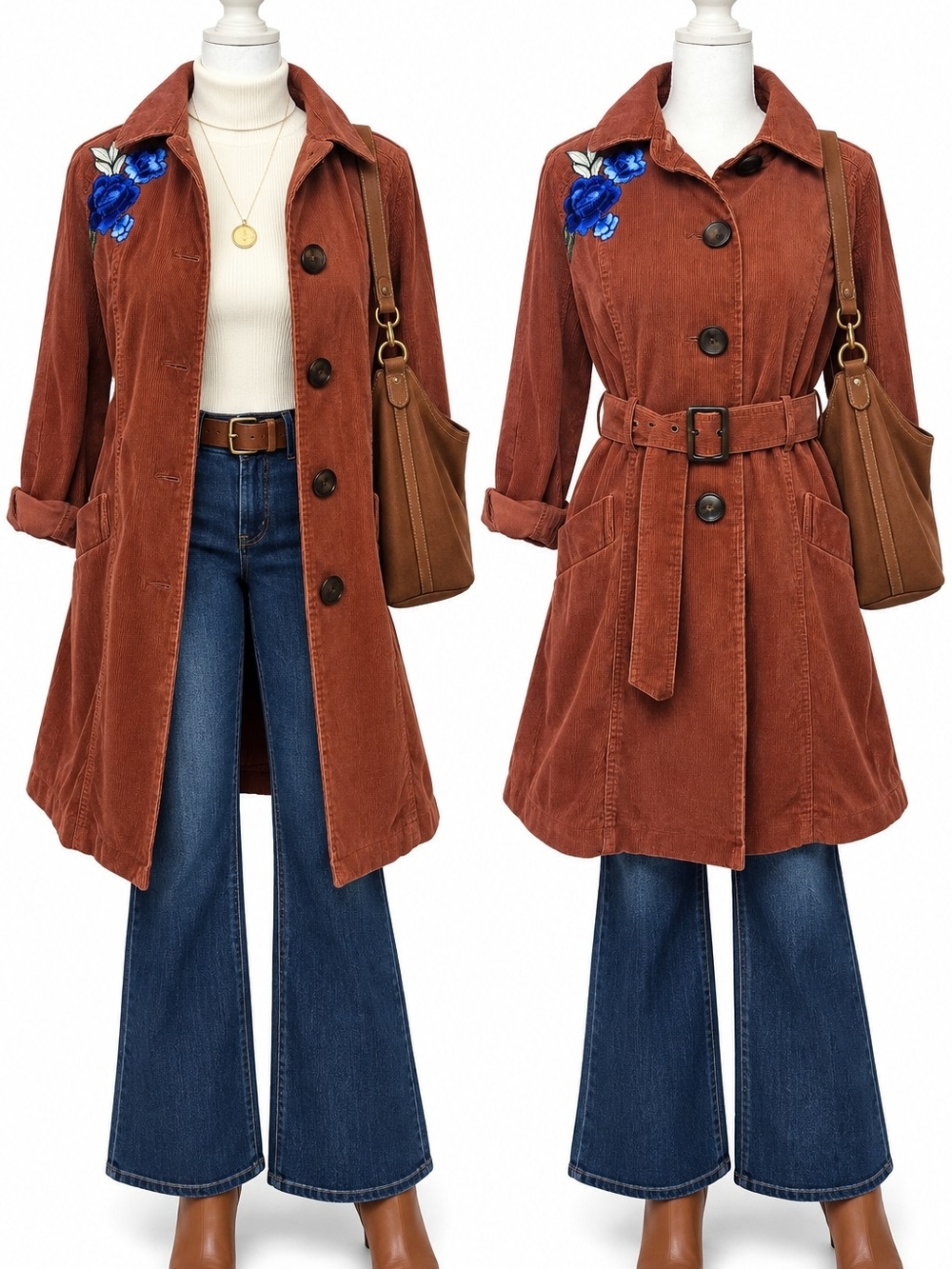 Vintage Harold’s Rust Corduroy Belted Coat Blue Floral Embroidery M